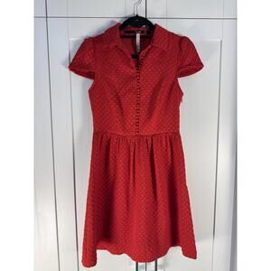 Kensie Red Textured Fit & Flare Dress XS Button Front Short Sleeve Collared Mini